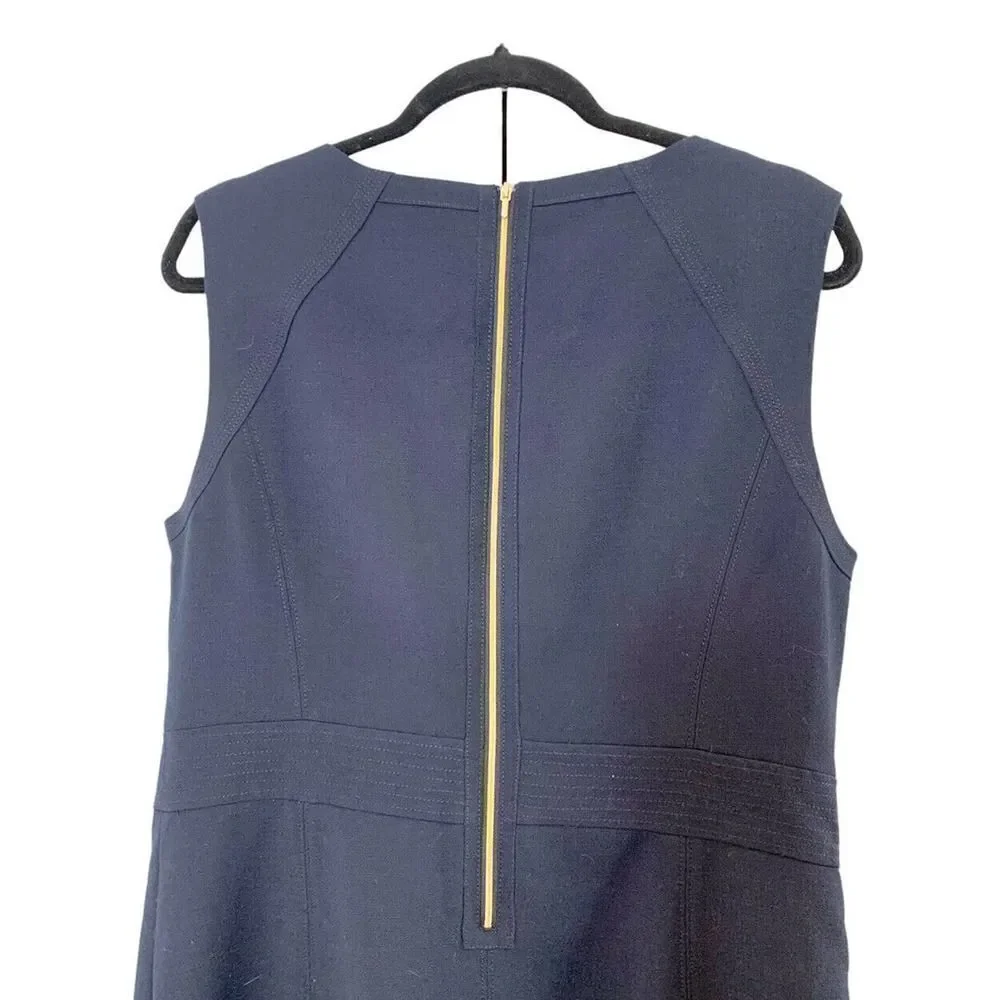 Tory Burch Women’s Wool Blend Evelina Sheath Dress size 14 Navy Blue Gold Detail